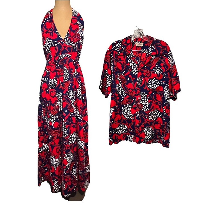 Vintage Hukilau Hawaiian Honeymoon Wedding Matching Set Dress 12 Shirt L/Xl